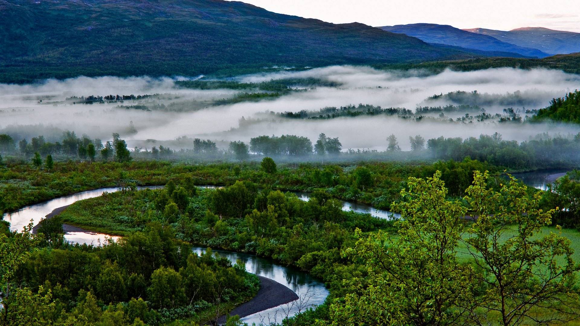 Utsikt över dimmigt landskap i Vadvetjåkka nationalpark.
