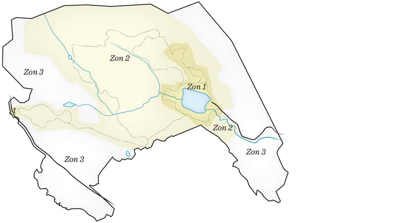 Illustrerad karta som visar de olika zonerna i Björnlandets nationalpark.